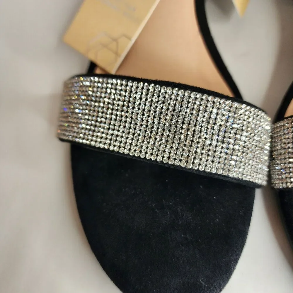 NIB MADDEN NYC WOMENS BLACK SZ 9 RHINESTONE ILLIE CITY BLOCK HEEL STRAPPY SANDAL